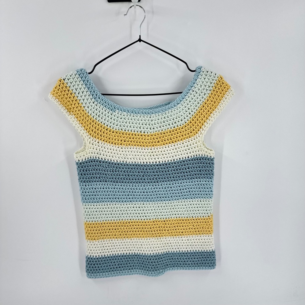 Handmade Crochet Top Blue Yellow White XS Striped Boho Cap Sleeve Whimsical